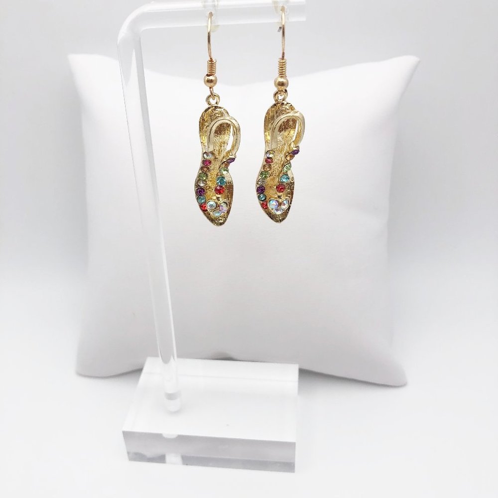 Gold Plated Blue Crystals Heeled Sandal Dangle Earrings ! Great S…